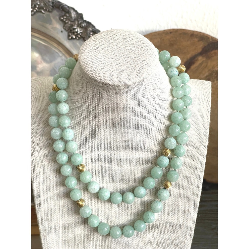 Vintage Aventurine Bead Necklace 32" Endless Strand Gold Tone Spacers 106g